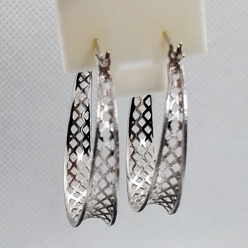 Sterling Silver 925 Rhodium Plated Diamond Cut Snap-On Hoop Earring
